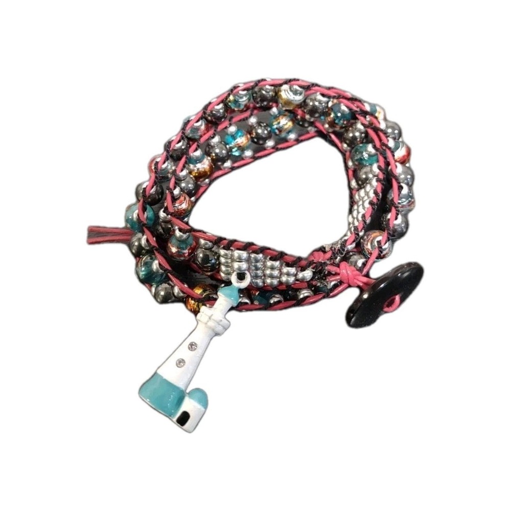 Lighthouse Charm Double Wrap Beaded Leather Bracelet